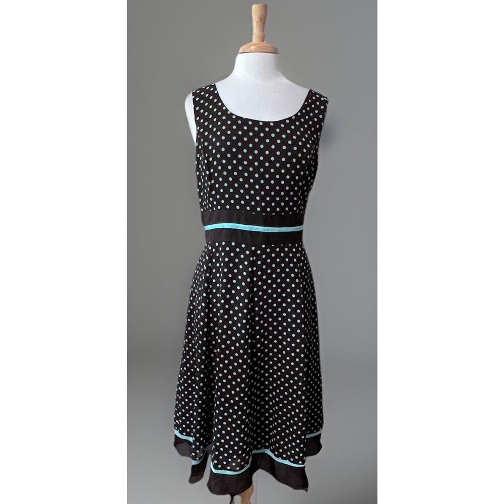 Studio I Women's 16 Sleeveless Sheath Dress Brown Aqua Polka Dot Fit and Flare